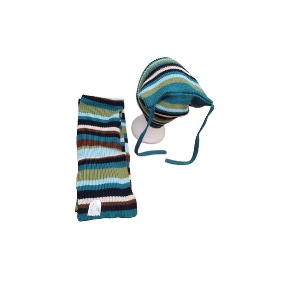 Charter Club Striped Knit Hat & Scarf Set Teal/Green/Brown One Size Acrylic/Cott - Picture 3 of 6